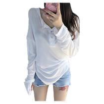 Tide card irregular half open collar button white long sleeve t-shirt female spring autumn pure desire loose and lazy sunscreen blouses