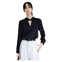 Tide Card Style Back Butterfly Knot Temperament Black Shirt Woman Spring Autumn Money Design Sense Little Crowdblouse Career Lining