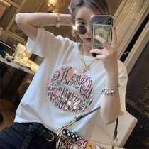 Tidal Nails Pearl sequin T-shirt Woman 2022 Summer New fashion Loose Letter Blouses Foreign Air Round Collar