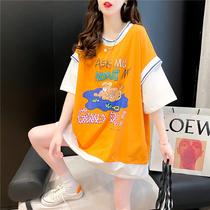Tide brand long fake two pieces aged short sleeve T-shirt female 2021 new summer design niche base shirt top