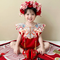 One-year-old dress for baby girl with hairpin baby 100-day first-year-old birthday party catch-week dress Tang suit jumpsuit Chinese style