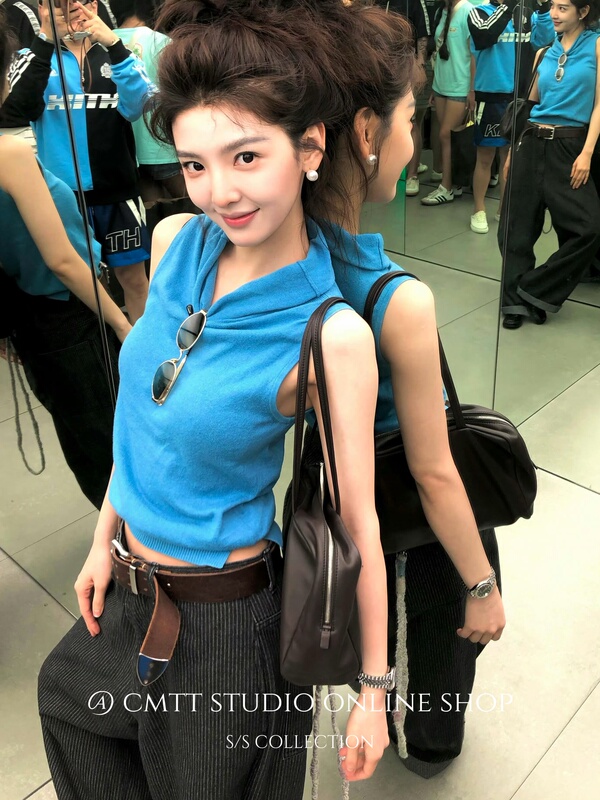 (Now) Zhang Ruonan Nana's Same Style Fashionable Skin-Friendly Breathable Ice Blue Draped Half-High Collar Knitted Vest Top