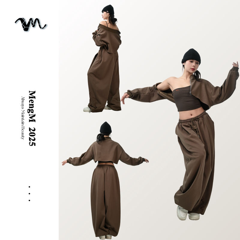 Mengm New Product Earth-Tone Coffee-Colored Sports Suit Jazz Street Dance Coffee-Colored Casual Versatile Suit Trendy