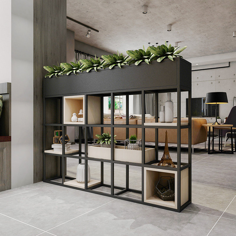 American-style wrought iron rack floor-to-ceiling office screen partition living room shelf solid wood multi-layer bookshelf cabinet display rack