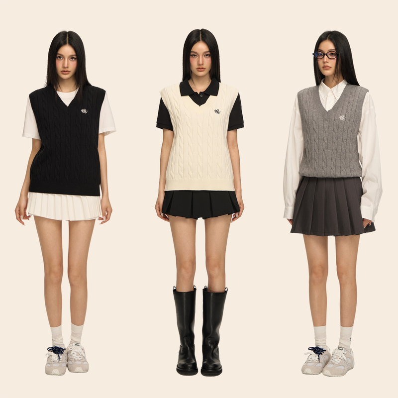 Climax Vision Machine Washable Retro Twist Layered V-Neck Knitted Vest for Women Loose Sleeveless Sweater Vest