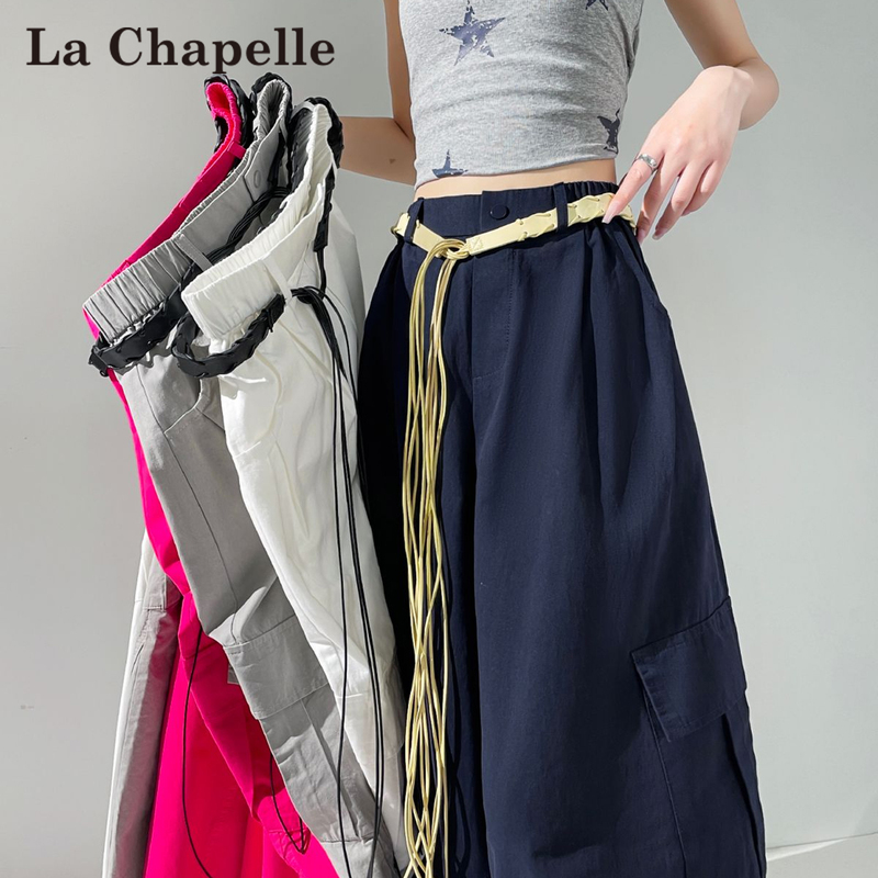 La Chapelle Navy Blue Stylish Washed Cotton Sports Cargo Pants for Women, Summer Style with Belt, Straight Wide-Leg Casual Pants La Chapelle Navy Blue Stylish Washed Cotton Sports Cargo Pants for Women, Summer Style with Belt, Straight Wide-Leg Casual Pants