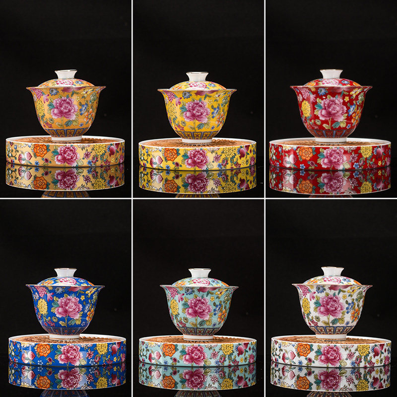 Chinese-style enamel-colored three-cai bowl pot bearing a single tea bowl large ceramic pastel grilled flower kung fu tea set tea cup