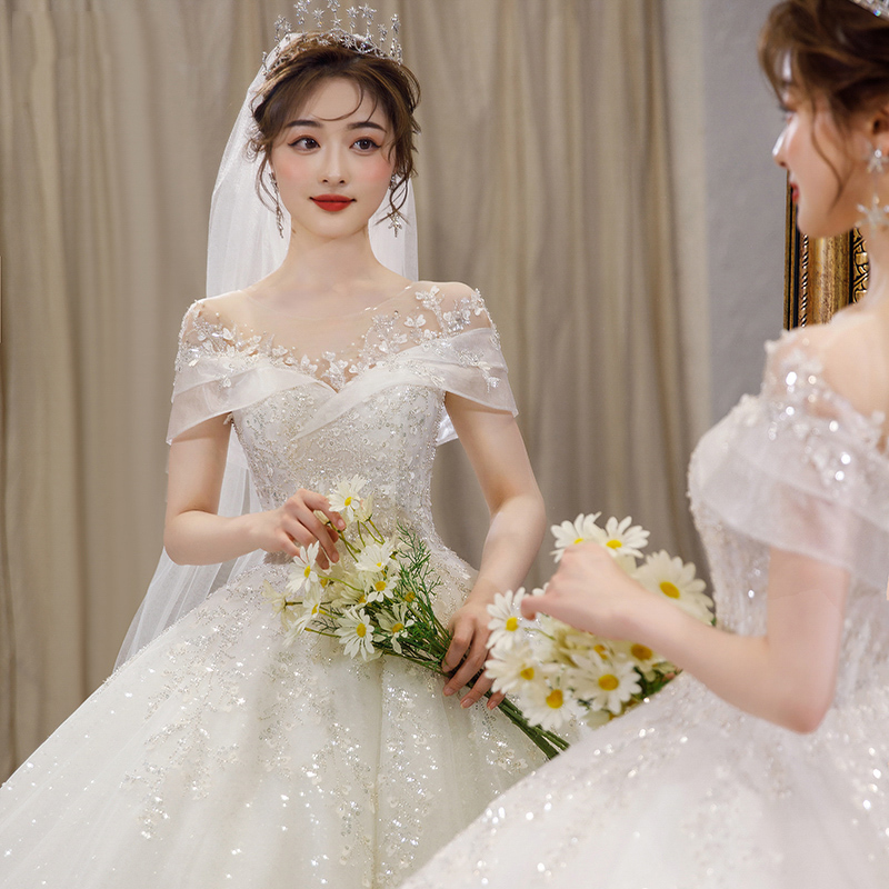 One -shoulder light wedding dress 23 new temperament main gauze bride in summer luxurious and thick arms Dragon tail princess wind L One -shoulder light wedding dress 23 new temperament main gauze bride in summer luxurious and thick arms Dragon tail princess wind L