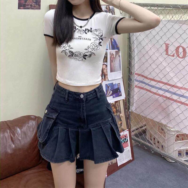 100 pleat denim half body dress Women 2021 Summer new high waist display slim fit slim fit Short dress Short skirt