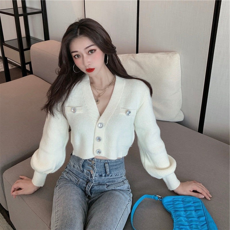 Retro V collar long sleeve sweater women's autumn season 2021 new Korean version loose with short knitted cardiovert blouse