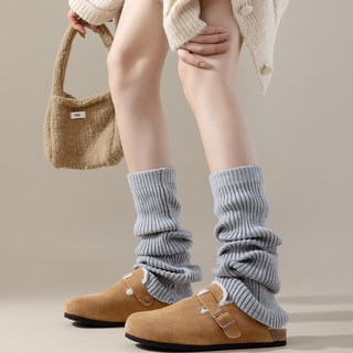 秋冬浅灰色中筒袜套女棉质针织长筒袜白色小腿套保暖lolita堆堆袜