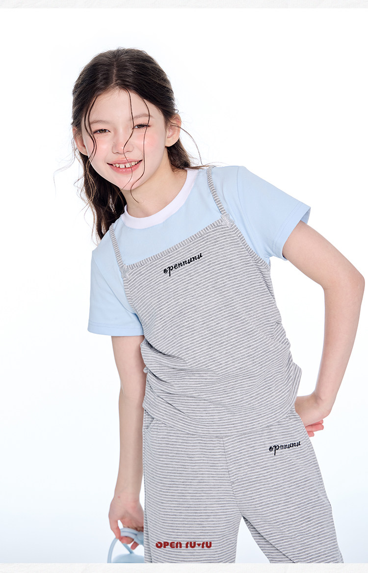 opennunu女童“baby”蓝灰条纹短袖套装夏季儿童设计感亲肤长裤 — 9
