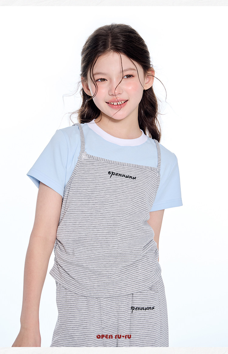 opennunu女童“baby”蓝灰条纹短袖套装夏季儿童设计感亲肤长裤 — 17