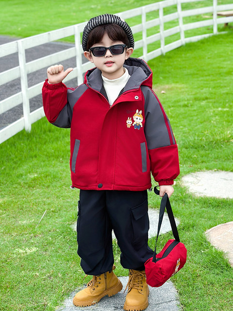 Boys' Fleece-Lined Jacket, Autumn and Winter 2025 New Style, Children's Hooded Windbreaker, Baby Boy Cartoon Thickened Parka