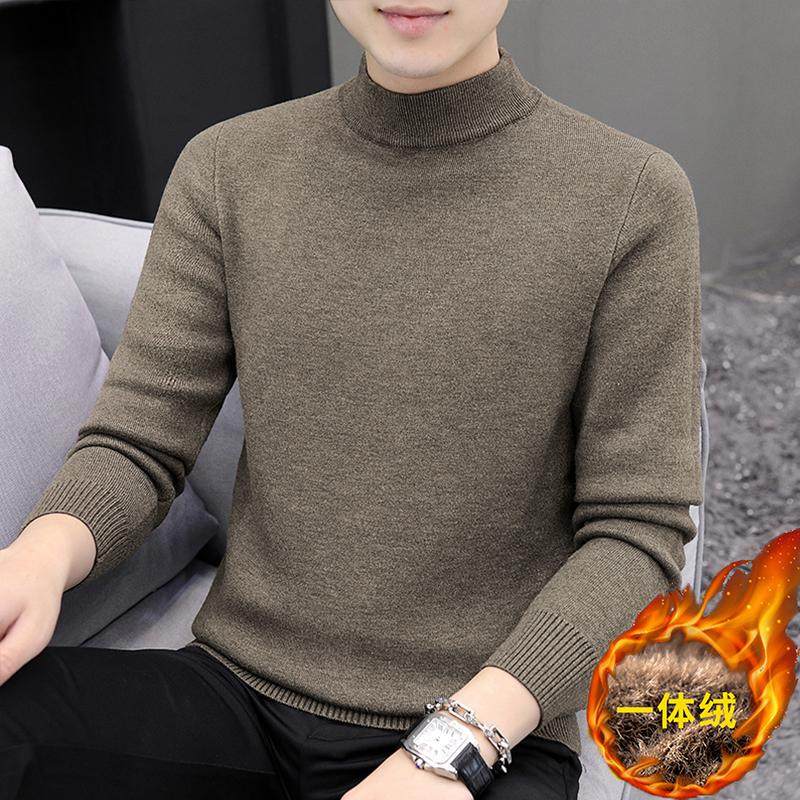 Mid-High Collar Business Men's Sweater with Fleece Lining, Thickened Base Layer Top, Trendy Solid Color Knitted Sweater for Autumn and Winter