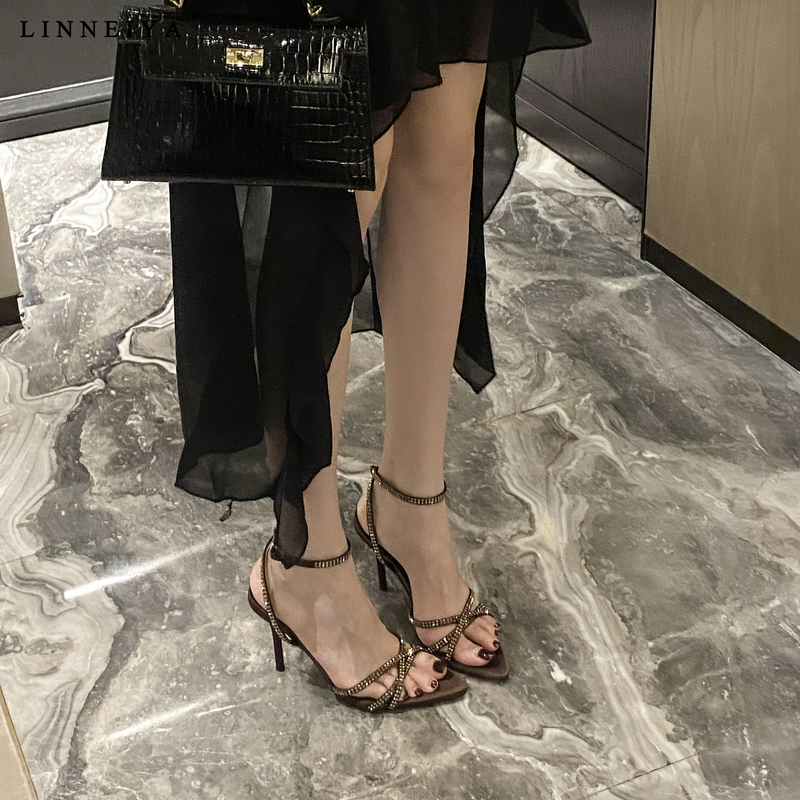 Lin Nia Cross-Strap Open-Toe Sandals for Women, 2026 Summer New Popular Style, Stiletto Heel with Rhinestones