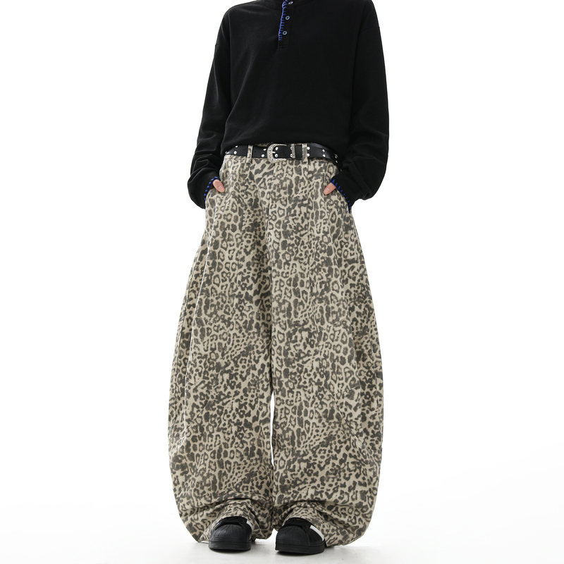Woostop Retro Washed Leopard Print Scimitar Jeans Unisex Loose American Style Lazy Wide-Leg Cargo Pants Trendy