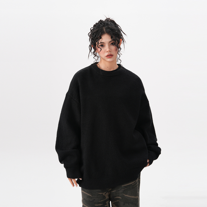Bwka Black Crew Neck Sweater for Women and Men, Autumn and Winter Loose Basic Versatile Knitwear, Casual Solid Color Inner Knit Top