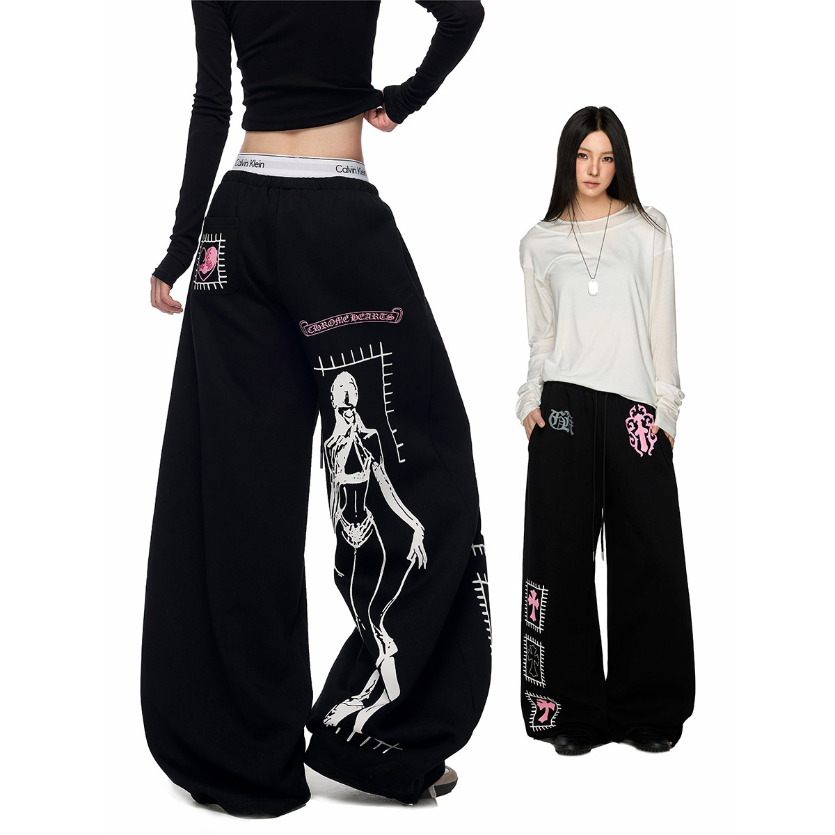 Gothic-style creative printed sweatpants for women and men, autumn niche creative patchwork casual pants, loose wide-leg floor-length pants