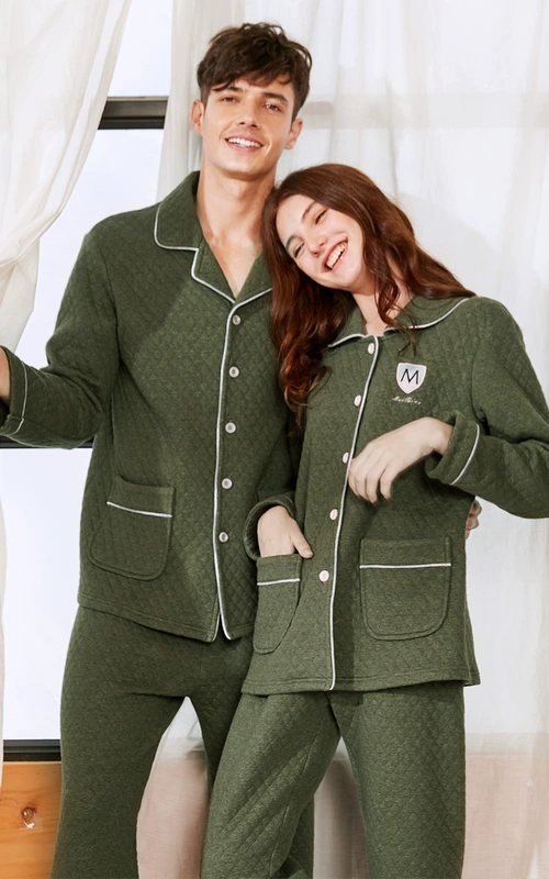 Mỹ tiêu chuẩn ba lớp đồ ngủ bông phụ nữ mùa thu và mùa đông dày lớp cách nhiệt bông cotton đôi dịch vụ nhà phù hợp với nam giới