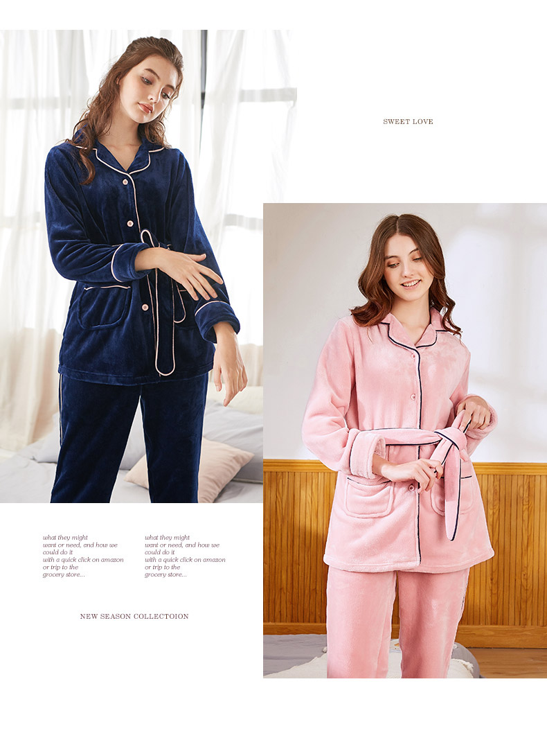 Bộ đồ ngủ nhung san hô tiêu chuẩn của Mỹ phụ nữ mùa thu đông cộng với nhung dày ấm áp có thể mặc kimono flannel bộ đồ phục vụ tại nhà những kiểu đồ bộ may đẹp