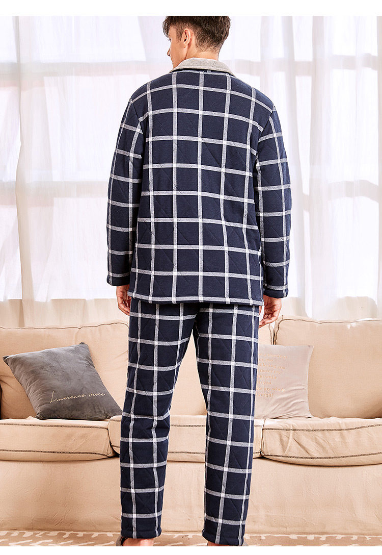 Bộ đồ ngủ bằng vải bông tiêu chuẩn của Mỹ cho nam mùa thu và mùa đông dày ba lớp cotton ấm áp kẻ sọc phục vụ nhà bộ đồ sz to cho nam