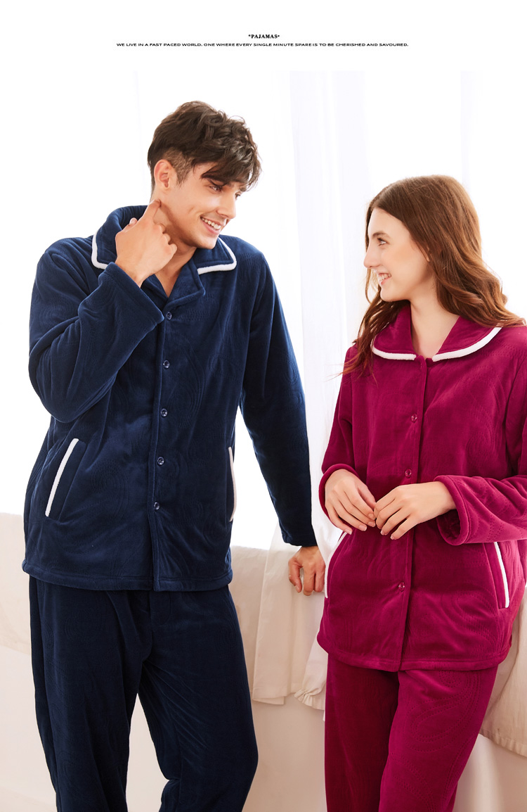Bộ đồ ngủ đôi flannel tiêu chuẩn Mỹ phù hợp với nữ mùa thu đông nổi với nhung dày ấm áp lông cừu san hô phục vụ nhà nam quần áo ngủ cho nam giới