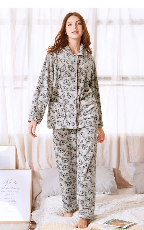 Mỹ tiêu chuẩn cộng với nhung dày san hô lông cừu vài bộ đồ ngủ phù hợp với nữ tay áo dài mùa thu và mùa đông ấm áp flannel dịch vụ nhà đồ bộ cho người 60 tuổi