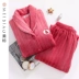 Bộ đồ ngủ lông cừu san hô tiêu chuẩn Mỹ hai mảnh phù hợp với nữ mùa thu và sọc mùa đông ấm áp flannel giản dị có thể mặc bên ngoài quần áo - Bộ Pajama