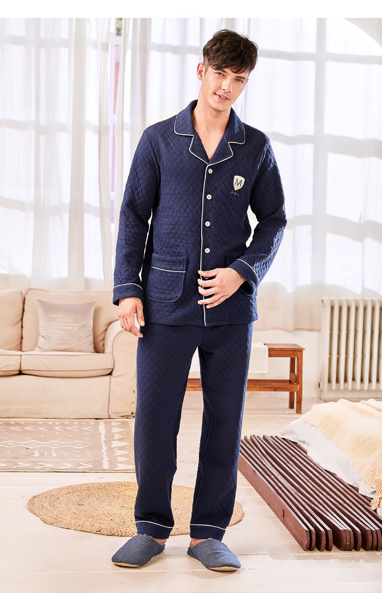 Bộ đồ ngủ cotton dài tay tiêu chuẩn Mỹ mùa thu và mùa đông ba lớp bông ấm áp dày bộ đồ ngủ nhiều lớp bộ mặc nhà cho nam