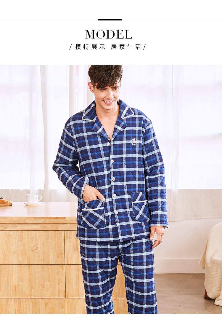 Mỹ tiêu chuẩn mới đồ ngủ quilted phụ nữ mùa thu và mùa đông bông dày ba lớp cotton kẻ sọc nhà dịch vụ phù hợp với nam giới thời trang mặc nhà
