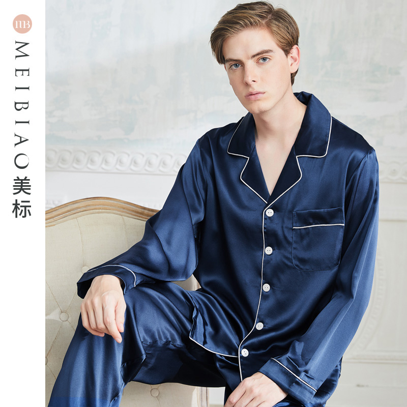 American S - S men spring - autumn long sleeved silk pajamas two sets 19 mm heavy silk silk home suit