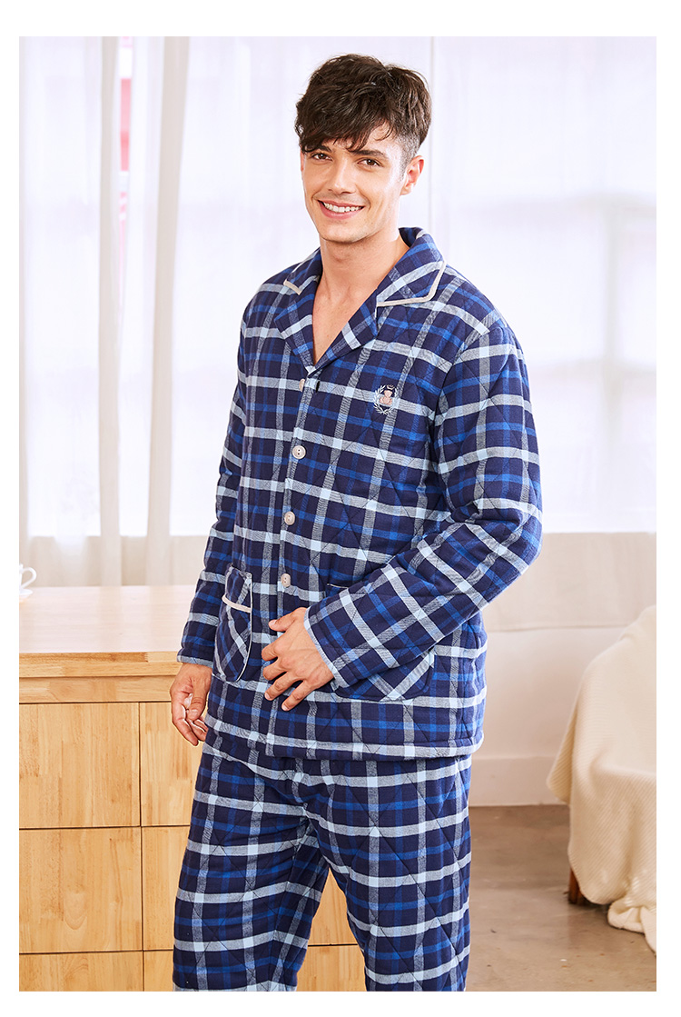 Mỹ tiêu chuẩn mới đồ ngủ quilted phụ nữ mùa thu và mùa đông bông dày ba lớp cotton kẻ sọc nhà dịch vụ phù hợp với nam giới thời trang mặc nhà