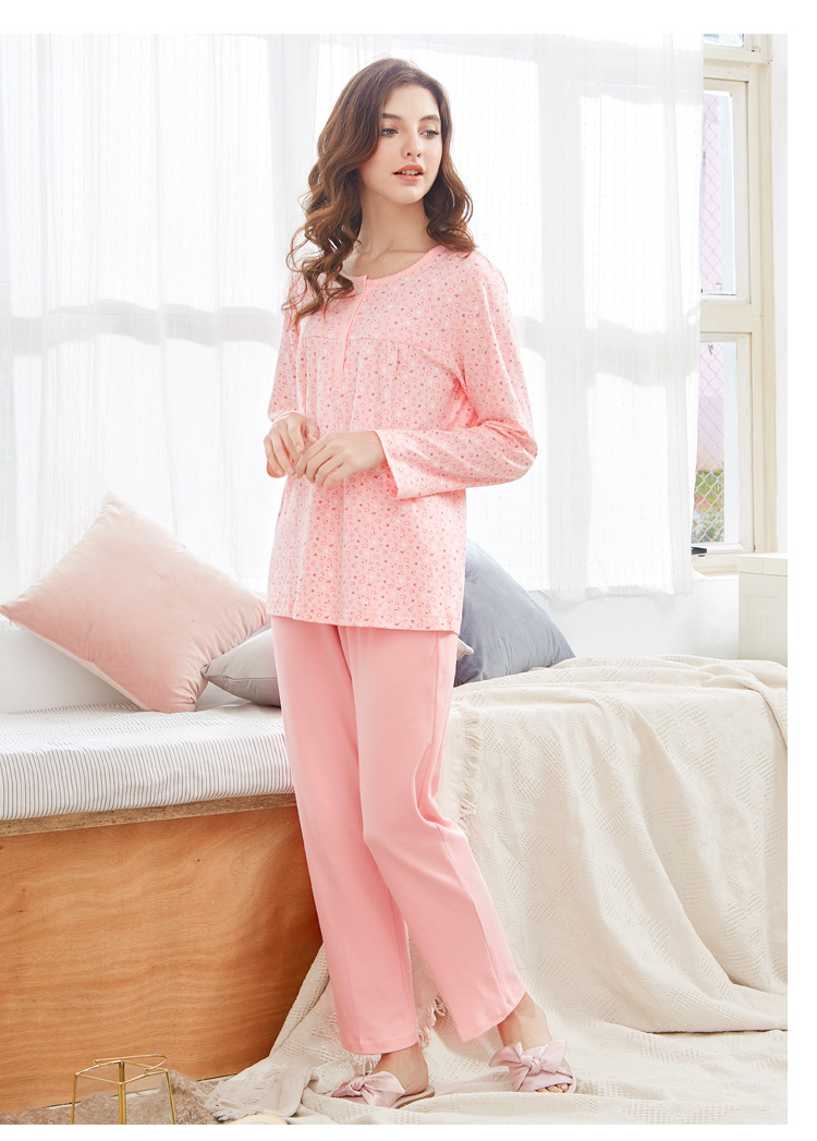 Bộ đồ ngủ cotton dài tay tiêu chuẩn của phụ nữ Mỹ mới thiết lập mùa xuân và mùa thu giải trí hoa mùa thu bộ đồ khủng log