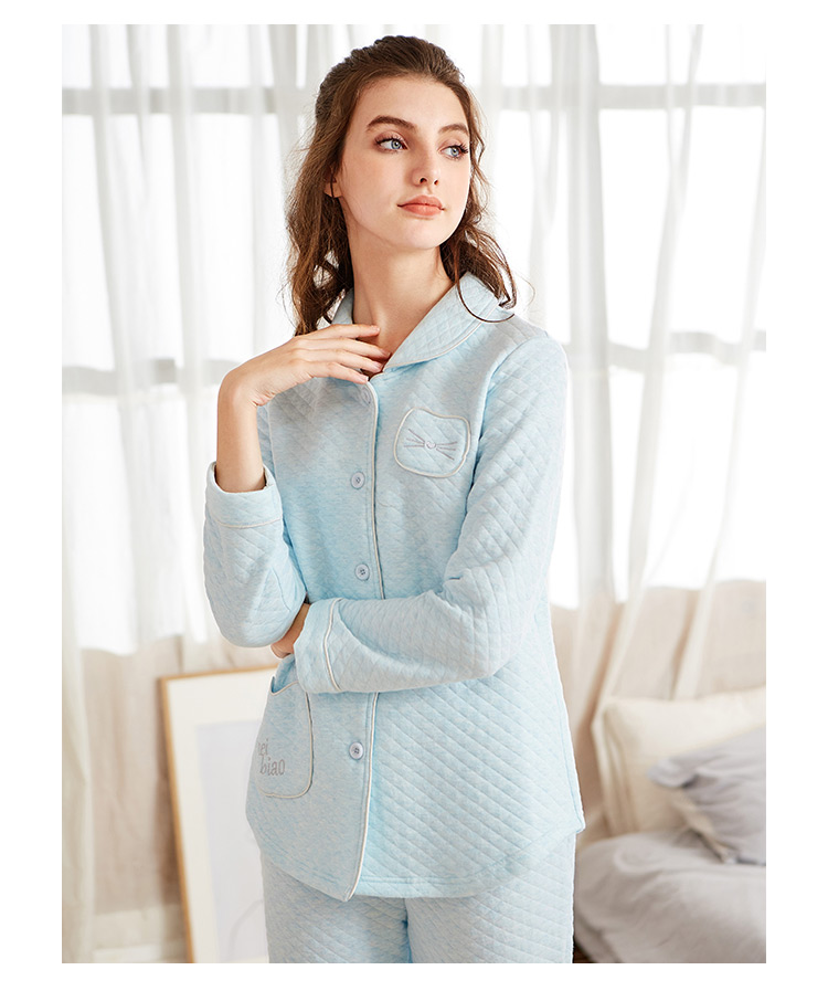Mỹ tiêu chuẩn mới mùa thu và mùa đông ba lớp đồ ngủ dày bông phụ nữ ấm áp bên ngoài mặc dài tay cotton phù hợp với dịch vụ nhà đồ pijama