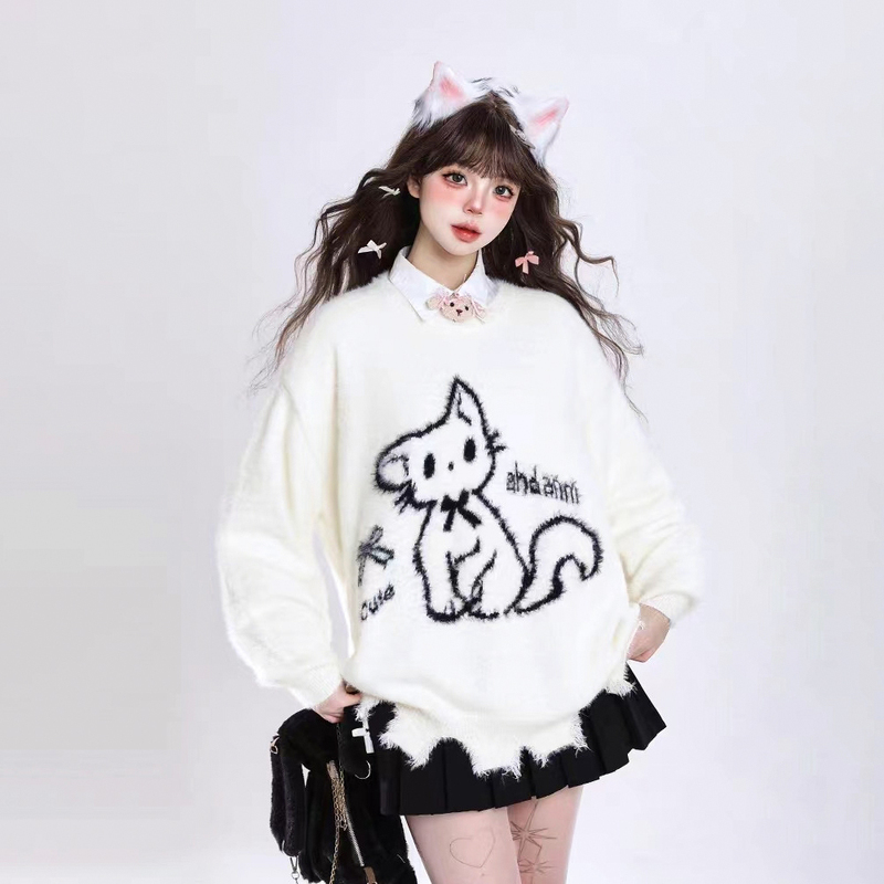 Cartoon Mink Velvet Pullover Sweater for Women, Autumn and Winter Niche Design, Korean Style, Lazy Style, Soft and Loose Knitted Top