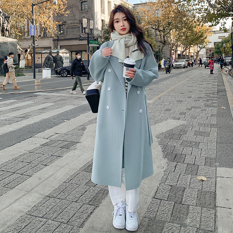 Blue Double-Sided Woolen Coat 2024 Autumn and Winter New Korean Style Loose Mid-Length Belted Woolen Coat for Women