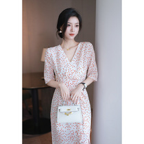 2021 Summer new collection waist lacing Cherry Crushed Flowers V Collar Temperament Short Sleeve Tea Hysteria Dress