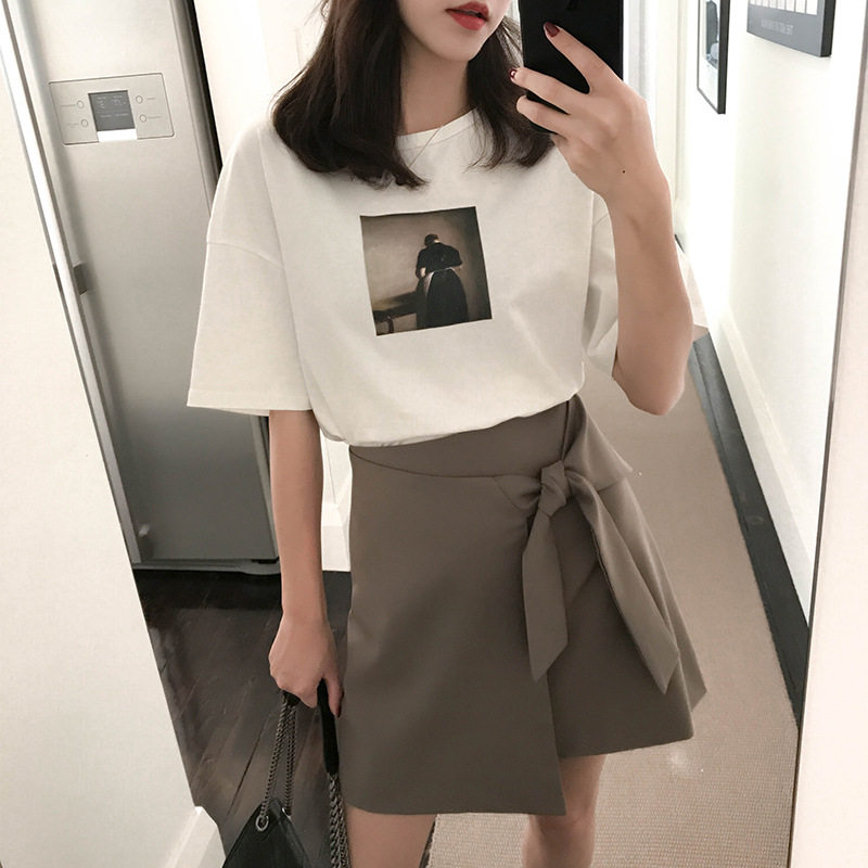 White Versatile Printed T-Shirt Korean Style Ladies Loose Large Size Thin Round Neck Pullover Short Sleeve Top