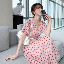 2021 summer paragraph v collar snowspun short sleeves dress temperament commute high waist crumbled with long dresses