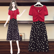 2021 Summer new Fat mm Ocean Gas Aging Short Sleeve T-shirt Polo Dot half body dress Two sets
