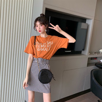 Summer new tennis Red Temperament slim suit Reduced Alphabet Printed T-Shirt Lattice Short Skirt Suit