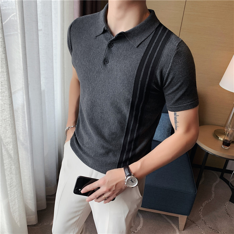 Summer thin high-end POLO shirt striped short-sleeved T-shirt men's knitted contrast color casual slim Korean trend lapel