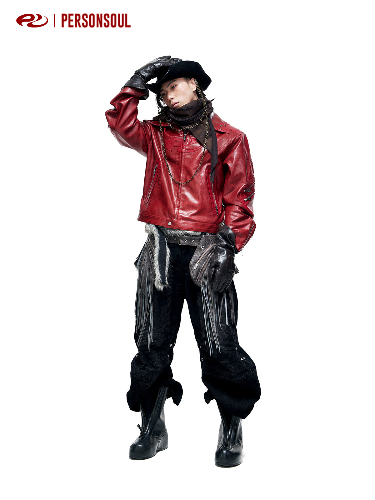 Personsoul* alligator-embossed patchwork red leather jacket: a 