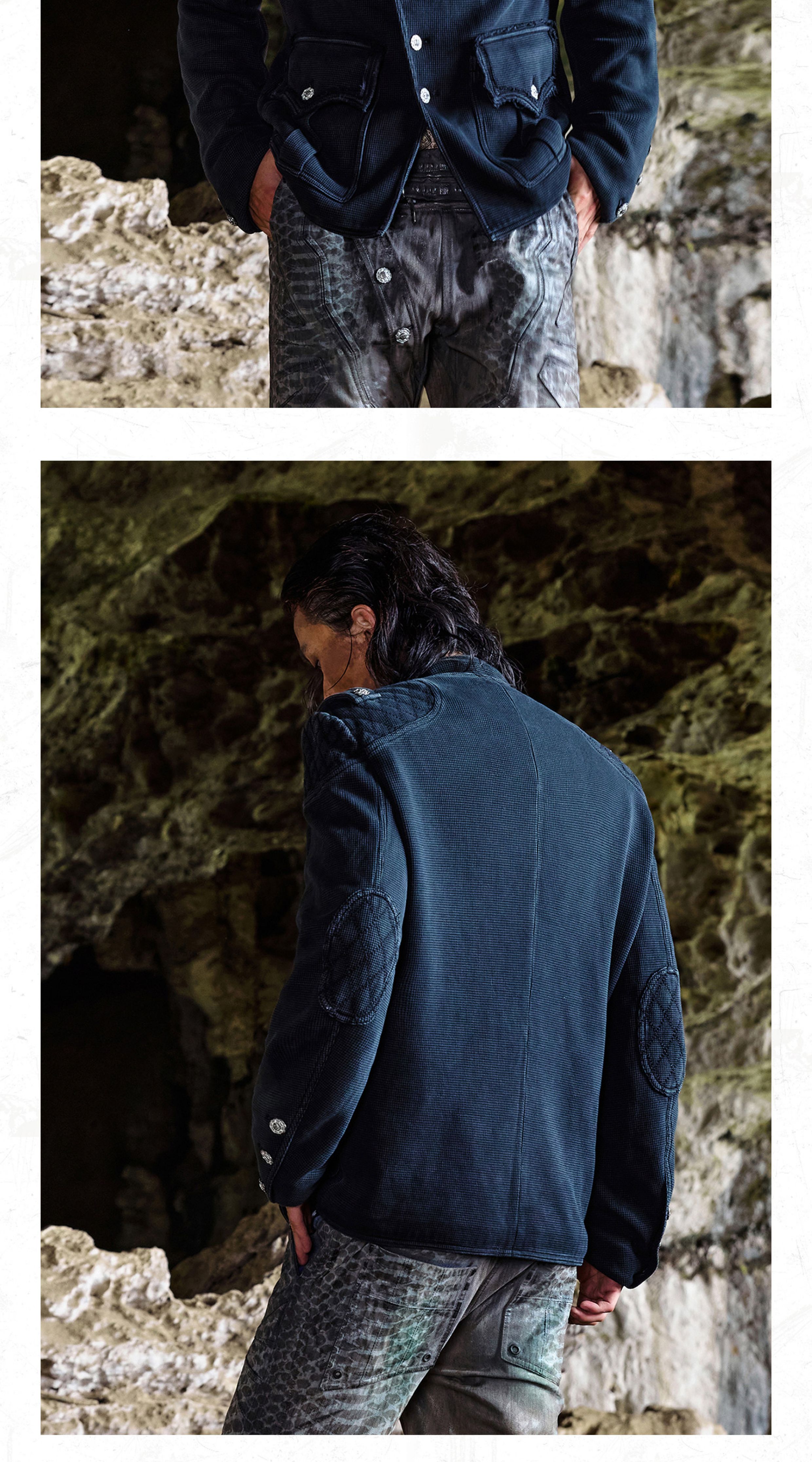 PERSONSOUL Distressed Waffle Zhongshan Jacket