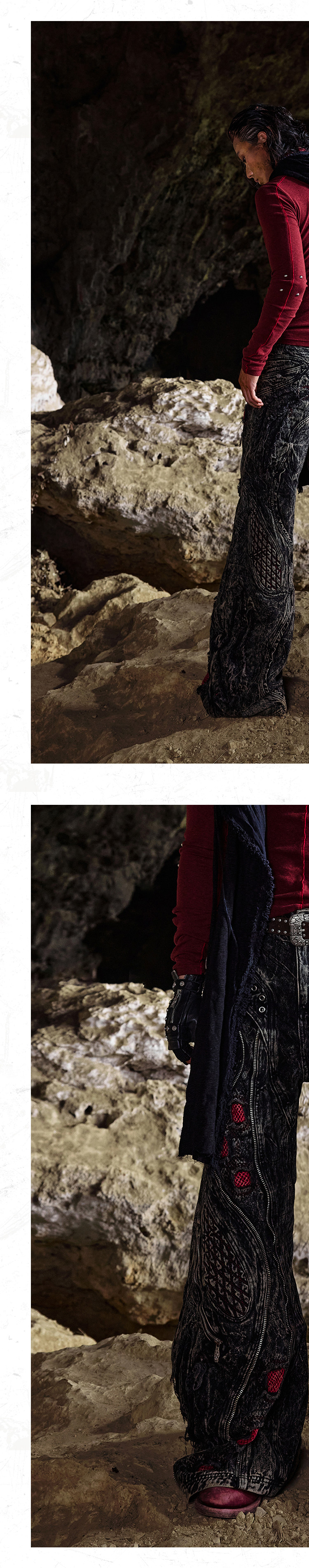 PERSONSOUL Washed Red and Black Wide-Leg Jeans