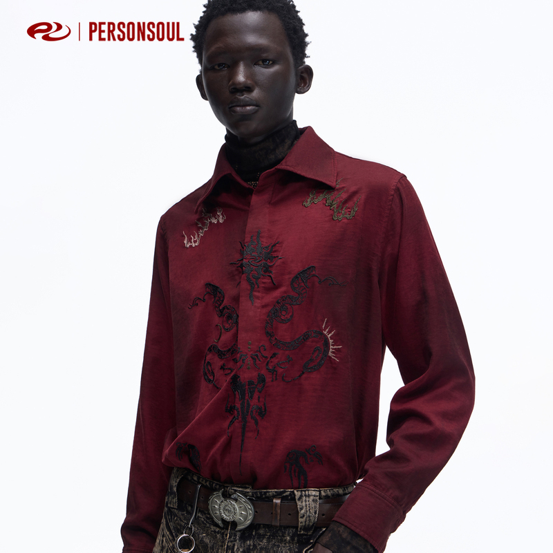 Personsoul* Totem Pattern Burgundy Misty Satin Velvet Shirt Wine Red Silk Shirt