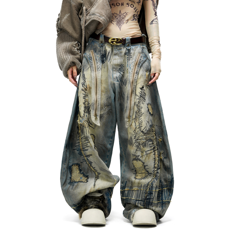 Personsoul* Patchwork Embroidery Jeans with Stain Detail and Wide Leg Scimitar Cut