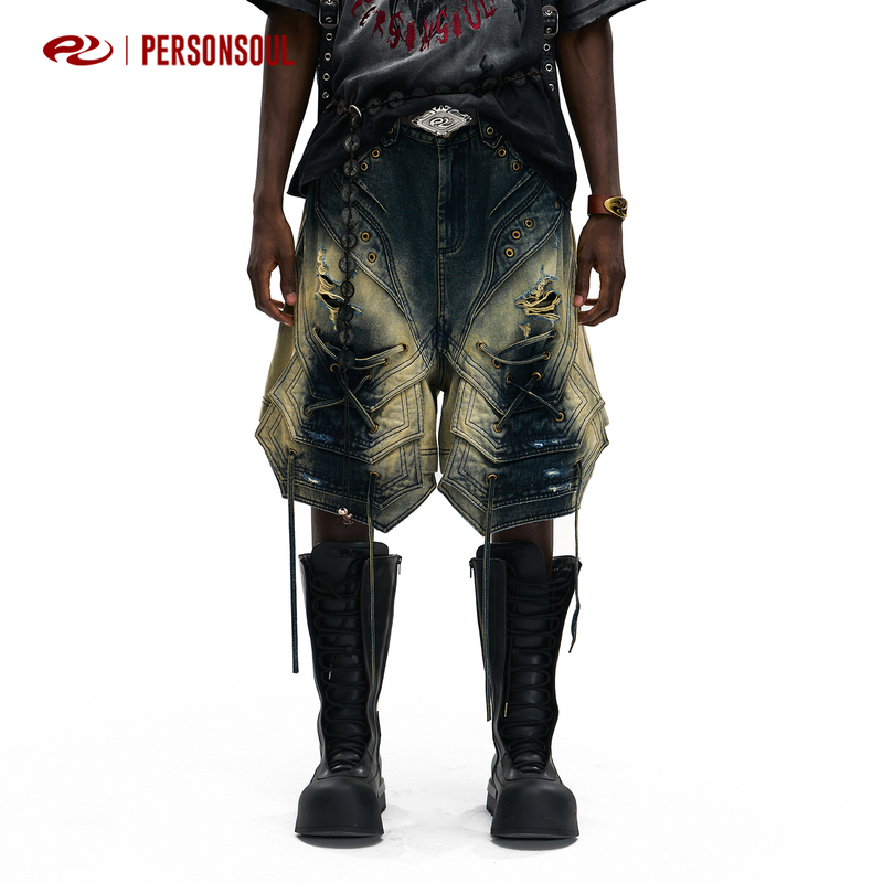 Personsoul* Beast Denim Shorts with Scale-Like Structure and Ripped Straps Personsoul* Beast Denim Shorts with Scale-Like Structure and Ripped Straps