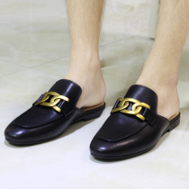 Mens genuine leather explosion half drag loafers mens money string French toe slippers slippers heelless leather shoes summer outdoor